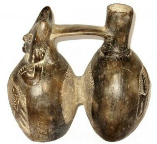 Pre - Columbian Peru Chimu Inca Double Chamber Blackware Whistle Vessel Large