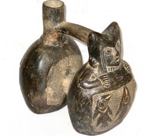 Pre - Columbian Peru Chimu Inca Double Chamber Blackware Whistle Vessel Large 2