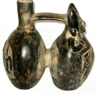 Pre - Columbian Peru Chimu Inca Double Chamber Blackware Whistle Vessel Large 6