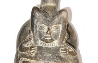 Pre - Columbian Peru Chimu Inca Double Chamber Blackware Whistle Vessel Large 7