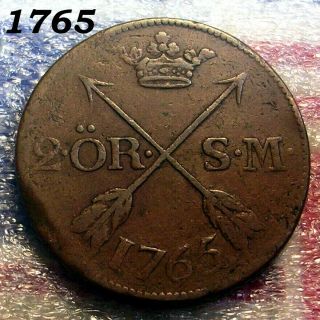 Authentic 1765 2 Ore Arrows Hudson Fur Trade Colonial Revolutionary War Coin F