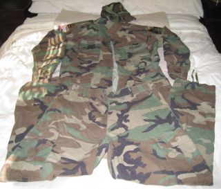 Us Army Woodland Camouflage Fatigues Jacket Large - Long Pants Large - Reg Hat 7 3/8