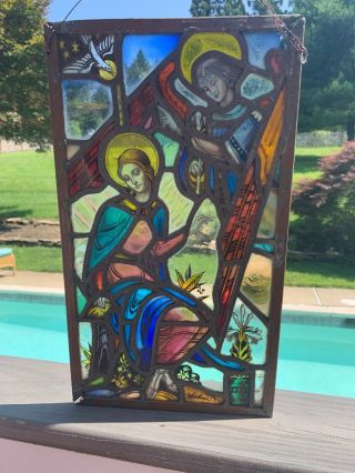 Antique Church Stained Lead Glass Window Architectural Salvage Gothic Mary Angel