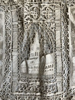 Fine Antique Mixed Lace Pillow Cover Figural Architectural Clock Tower 19thc Vtg
