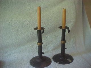 Hog Scraper Candle Holders,  Pair,  7.  5 " Tall/with Brass Wedding Bands,