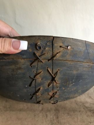 Early Antique Large Wooden Dough Bowl Old Blue Paint Make Do Repairs AAFA 10