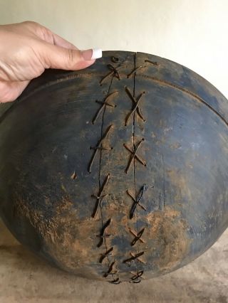 Early Antique Large Wooden Dough Bowl Old Blue Paint Make Do Repairs AAFA 11