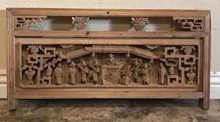 Antique Chinese Carved Wood Panel With Scenes & Flowers Large 29”