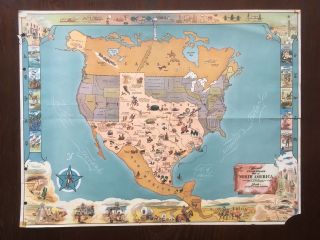Rare Vintage 1948 Texas Brags Map Of North America,  John Randolph,  Mark Storm
