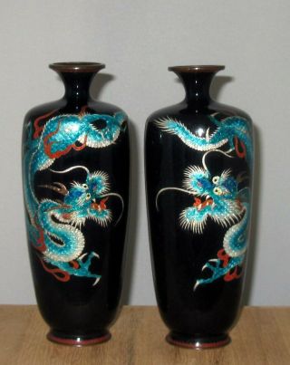 Meiji Period Japanese Partial Ginbari Cloisonne Pair Vases W/ Three Toed Dragons