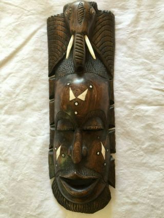 Antique African Tribal Mask With Inlays & Animal Bone Tusks - Hand Carved