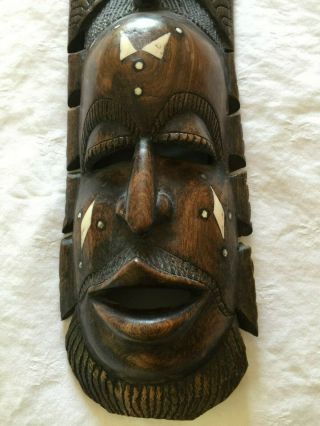 Antique African Tribal Mask with Inlays & Animal Bone Tusks - Hand Carved 2