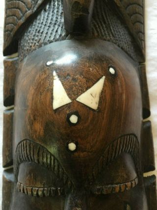 Antique African Tribal Mask with Inlays & Animal Bone Tusks - Hand Carved 6