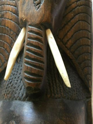 Antique African Tribal Mask with Inlays & Animal Bone Tusks - Hand Carved 7