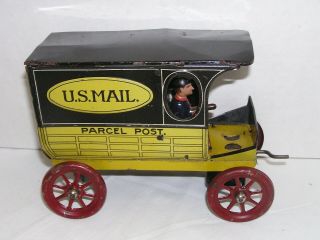 Antique Ac Gilbert 1913 Us Mail Parcel Post Old Tin Toy Windup Crank Truck