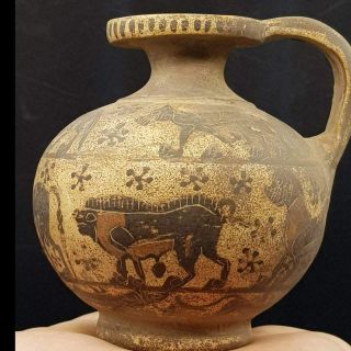 Ancient Wonderful Painted Old Pottery Ewer With Multi Wild Animals