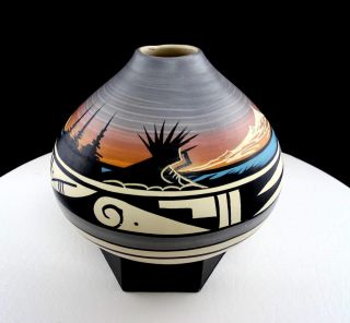 Native American Navajo Signed Art Pottery Mountain & Lake Scene 4 1/2 " Vase