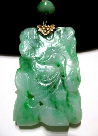 Gorgeous Antique Chinese Jadeite Jade Gilt Silver Lotus Carved Pendant Necklace