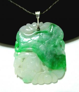 Antique Chinese Green & White Jadeite Jade Lotus Carved Pendant Necklace