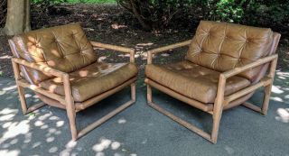 Mid Century Milo Baughman Lounge Chairs Thayer Coggin Leather Oak