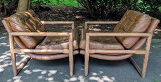 Mid Century Milo Baughman Lounge Chairs Thayer Coggin leather oak 3