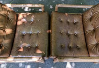 Mid Century Milo Baughman Lounge Chairs Thayer Coggin leather oak 4