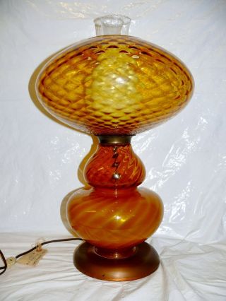 Antique Fenton Amber Quilted Diamond Swirl Gone With The Wind Hurricane Lamp Wow