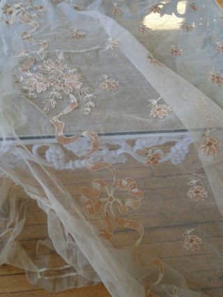 CIRCA 1900,  LOVELY NET LACE BEDSPREAD WITH APPLIQUE RIBBONS,  BOWS,  FLOWER SWAGS 10