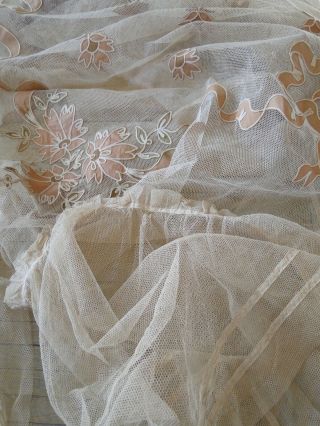 CIRCA 1900,  LOVELY NET LACE BEDSPREAD WITH APPLIQUE RIBBONS,  BOWS,  FLOWER SWAGS 11