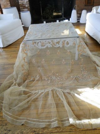 Circa 1900,  Lovely Net Lace Bedspread With Applique Ribbons,  Bows,  Flower Swags