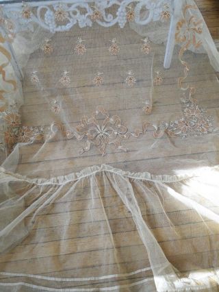 CIRCA 1900,  LOVELY NET LACE BEDSPREAD WITH APPLIQUE RIBBONS,  BOWS,  FLOWER SWAGS 2