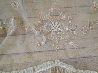 CIRCA 1900,  LOVELY NET LACE BEDSPREAD WITH APPLIQUE RIBBONS,  BOWS,  FLOWER SWAGS 3