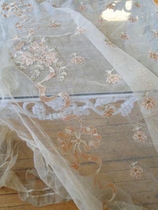 CIRCA 1900,  LOVELY NET LACE BEDSPREAD WITH APPLIQUE RIBBONS,  BOWS,  FLOWER SWAGS 4