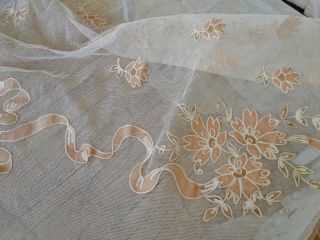 CIRCA 1900,  LOVELY NET LACE BEDSPREAD WITH APPLIQUE RIBBONS,  BOWS,  FLOWER SWAGS 6