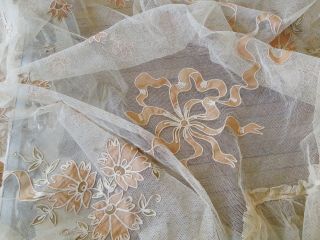 CIRCA 1900,  LOVELY NET LACE BEDSPREAD WITH APPLIQUE RIBBONS,  BOWS,  FLOWER SWAGS 7