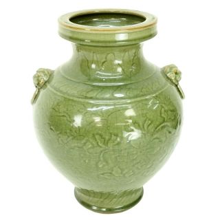 Large Chinese Green Celadon Glazed Pottery Vase With Mock Ring Handles