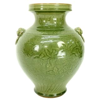 Large Chinese Green Celadon Glazed Pottery Vase with Mock Ring Handles 2
