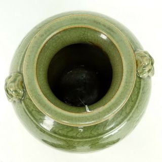 Large Chinese Green Celadon Glazed Pottery Vase with Mock Ring Handles 4