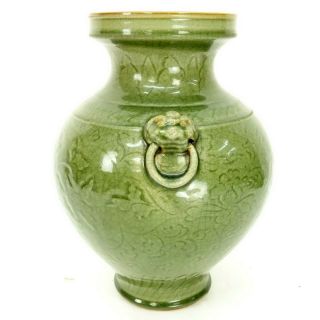 Large Chinese Green Celadon Glazed Pottery Vase with Mock Ring Handles 5
