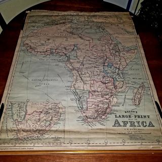 Antique Africa Classroom Map,  Paper On Linen,  Ca.  1895,  By G.  W.  Bacon,  36 " X 46 "