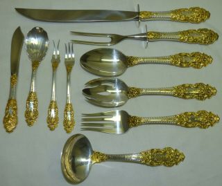 70 Pc Gorham Golden Crown Baroque Sterling Silver & Gold Flatware Set Service 12 11