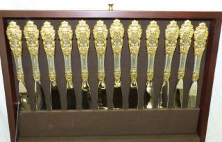 70 Pc Gorham Golden Crown Baroque Sterling Silver & Gold Flatware Set Service 12 2