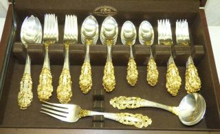70 Pc Gorham Golden Crown Baroque Sterling Silver & Gold Flatware Set Service 12 3