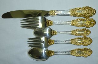 70 Pc Gorham Golden Crown Baroque Sterling Silver & Gold Flatware Set Service 12 9