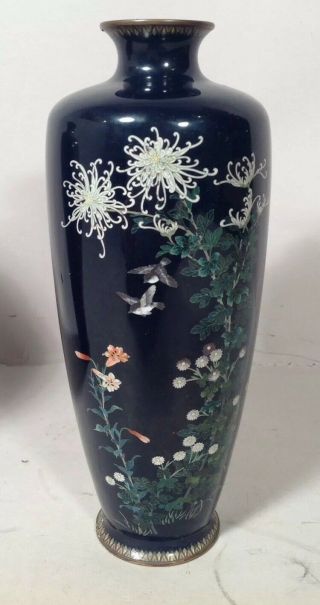 PAIR Antique VERY FINE JAPANESE Cloisonne Vases w BIRDS & FLOWERS 2