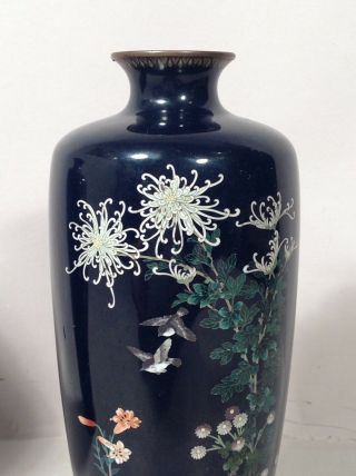 PAIR Antique VERY FINE JAPANESE Cloisonne Vases w BIRDS & FLOWERS 3