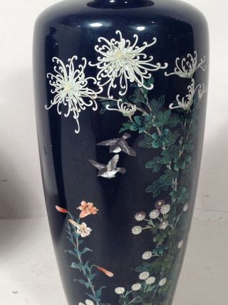 PAIR Antique VERY FINE JAPANESE Cloisonne Vases w BIRDS & FLOWERS 4