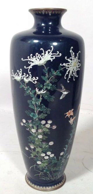 PAIR Antique VERY FINE JAPANESE Cloisonne Vases w BIRDS & FLOWERS 6