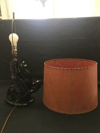 Vintage Mid Century Cat Black Panther Cougar TV TABLE Lamp W/ RED SHADE 11