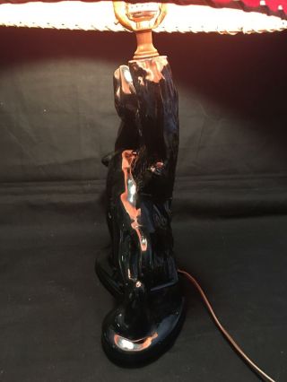 Vintage Mid Century Cat Black Panther Cougar TV TABLE Lamp W/ RED SHADE 3